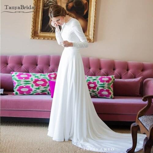 Long Sleeve Chiffon Wedding Dresses O-Neck Muslim Elegant Special Cut Bridal Gowns Vestido De Noivas DW137