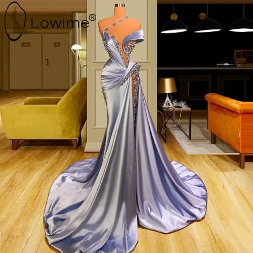 Sexy Pearls Mermaid Evening Dresses with High Slit Beaded One Shoulder Ruched Long Satin Prom Party Gowns