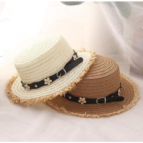 Seioum Flat top straw hat Summer Spring womens trip caps leisure pearl beach sun hats black breathable fashion flower girl hat
