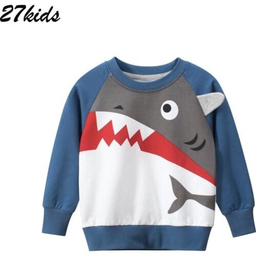27Kids Boys Long Sleeves Cotton Cartoon Shark Print Sweatshirts Kids Clothes Autumn Childrens Animal Tops Clothing 2-9Years