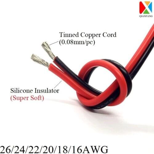 1M 2Pin Extension Copper Wire Cable 24AWG 22AWG 20AWG 18AWG 16AWG Silicone Rubber Soft Electron Lamp Lighting Cable Black Red