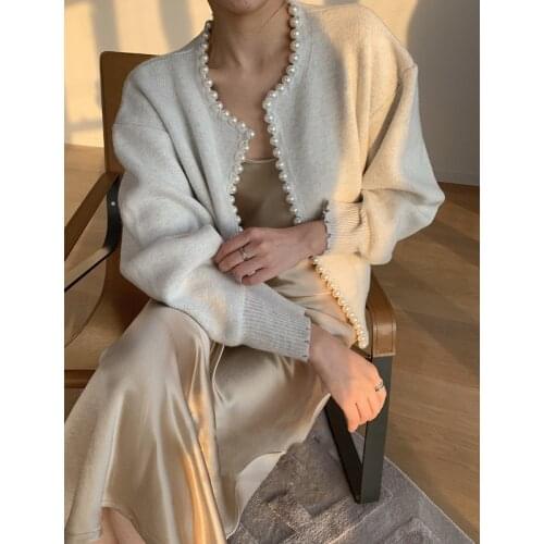 Timeless Black/Beige Pearl Embellished Applique Knit Cardigan Lantern Sleeve Drop Shoulder Wool-Blend Oversized Crop Knitwear