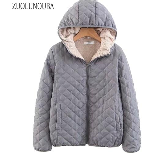 2020 Winter Korean Version Of Slim And Thin Check Lamb Wool Ladies Hooded Zipper Coat Thick Warm Solid Color Women Cotton Jacket