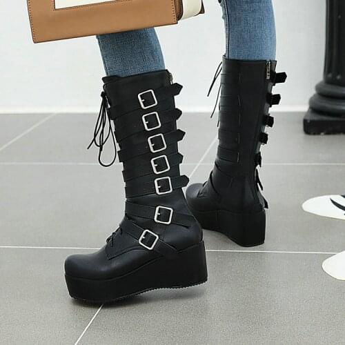 2021 Winter Punk Style Women Shoes Fashion Faux Leather Platform Ladies Motorcycle Boots Buckle Decoration Zipper Printing Boot