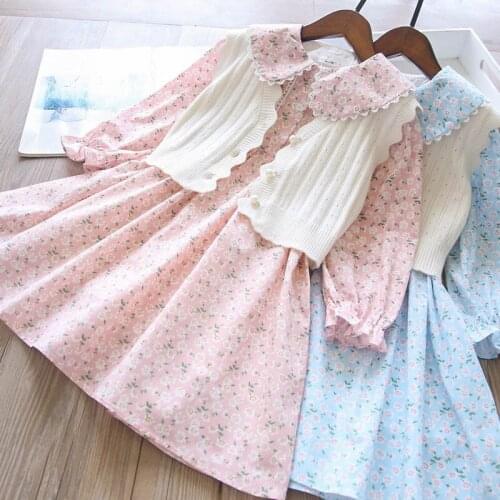 Girls fall sets 2021 baby girl floral dress and knitted vest 2pcs outfits wholesale