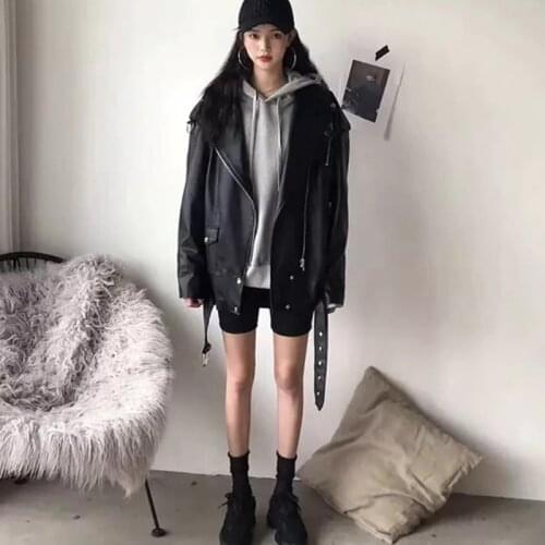Winter Jacket Women Black Jackets Sheepskin Leather Top Women Coat Loose Shoulder Fashion Jacket Belt Locomotive Female Jacket