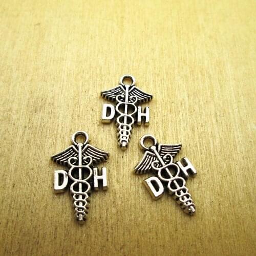 25pcs-- 12*29mm one side DH Caduceus Dental Hygienist Jewelry Findings DIY necklace/ bracelets charms antique silver tone