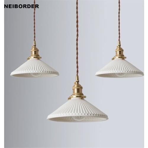 Japanese Style White Ceramic Brass Pendant Light With switch Restaurant Bedroom Bedside Hanging Lamp Fixtures E27 LED Hanglampen