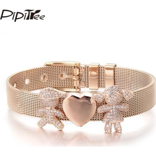 Pipitree CZ Boy Heart Girl Charm Bracelet Stainless Steel Mesh Bangle Couple Bracelets for Women Lover Family Wedding Jewelry