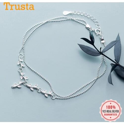Trusta Authentic 925 Sterling Silver Fashion Double-deck Beads Chain Branch Leaf Anklets For Women Fine Silver Jewelry DS2419