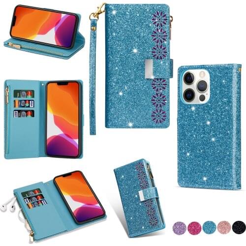 Folio Case for iPhone 13 Pro Max Glitter Carving Zipper Handbag 9 Card Slot Wrist Strap Phone Cover for iPhone 13 12 Pro 11 XR X