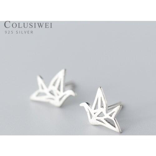 Colusiwei Genuine 100% 925 Sterling Silver Animal Cute Paper crane Stud Earrings for Women Sterling Silver Jewelry Girls Gift