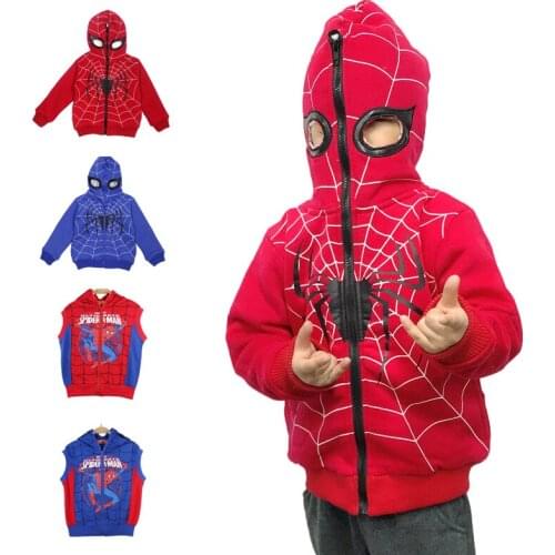 Disney Spiderman Baby Boys Jackets Cotton Thick Velvet Hooded With Zippers Sleeveless Fleece Vest For Children Cosplay Cotume