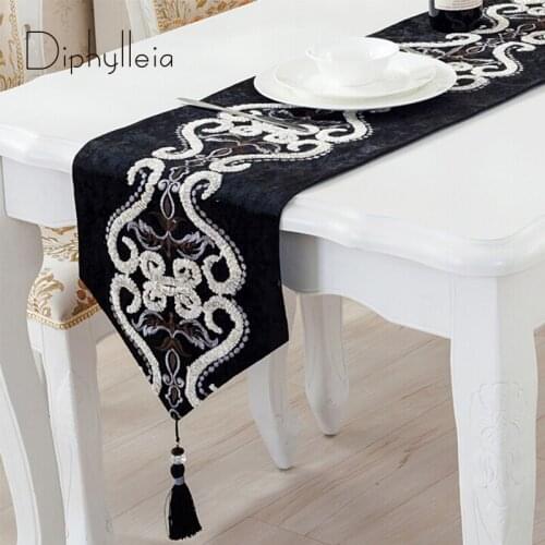 Diphylleia Black Velvet Table Runner Middle Eastern Style Party Long Table Cover Coffee Dining Banquet Home Decor Multi-Color