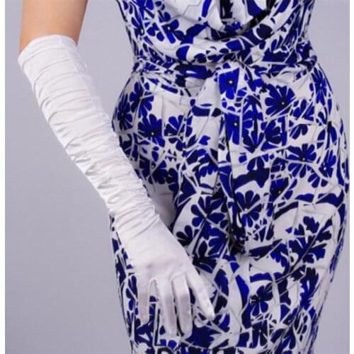 Elegant Satin Black Long Thin Full finger Dress Gloves Women Retro Pleated Elastic Silky Pearlescent Driving Warm Glove K50