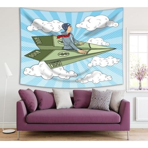 Tapestry Pop Art Businessman in a Suit and Tie on Flying Dollar Paper Plane among Clouds Fun Creative Illustration