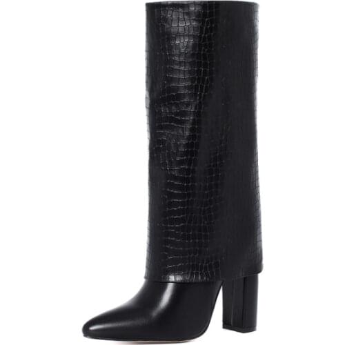 Genuine leather autumn and winter European and American fashion embossed round-toe high-heel one-step boots womens shoes34-42