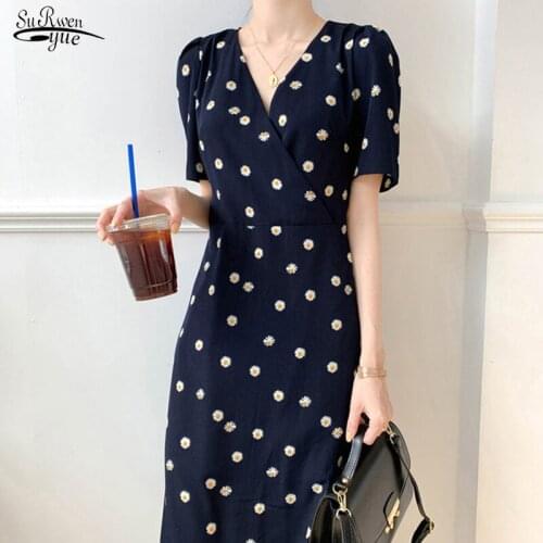 Summer Floral Dresses Women 2021 Korean V-neck Short Sleeve Printed Dress Plus Size Elegant Chiffon Dress Lady Robe Femme 15298
