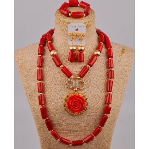 Fashion Orange / Red / White Color Bridal Set African Coral Beads Necklace Red Coral Jewelry Set Bridal Jewelry Sets 2R-A-03