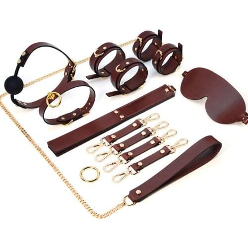 Genuine Leather BDSM Kits Bed Bondage Set Restraint Handcuffs Collar Gag Masks Erotic Sex Toys for Adult Couples Game Sex Shop