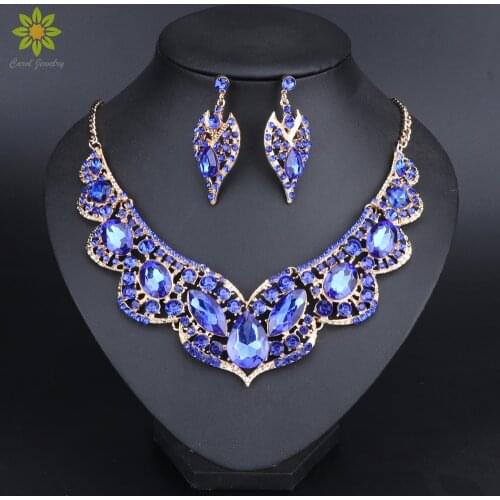 Dubai Wedding Jewelry Sets Rhinestone Crystal Statement Bridal Necklace Earrings Sets