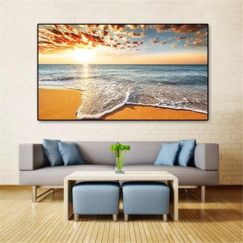 Natural Gold Beach Sunset Sea Wave Seascape Posters and Prints Canvas Painting Scandinavian Wall Art HD Picture for Living Room