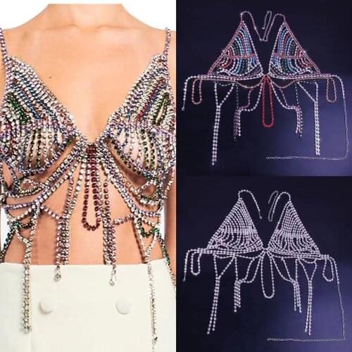 Luxury Full Rhinestone Tassel Body Chain Bra Bikini Underwear Top for Women Sexy Crystal Mesh Bralette Body Chest Chain Jewelry