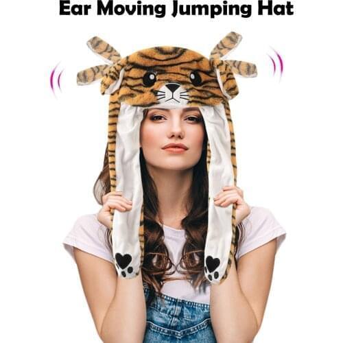 Ear Moving Jumping Hat Kawaii Cartoon Tiger Hats Funny Plush Cosplay Christmas Party Holiday Cap Plushie Toy Headgear Accessorie
