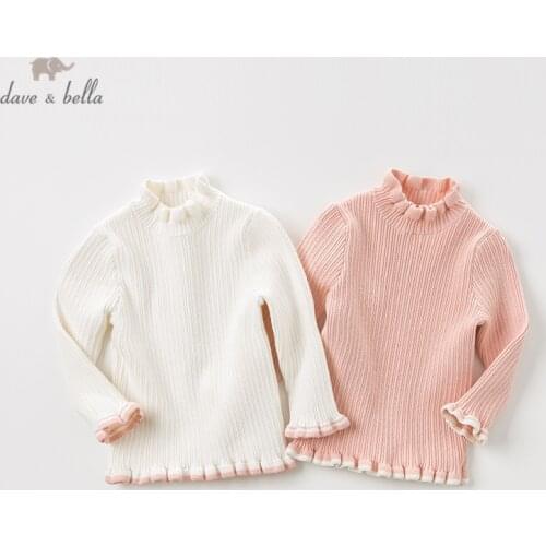 DBM11399 dave bella autumn cute baby girls solid ruched knitted sweater kids fashion pullover toddler boutique tops