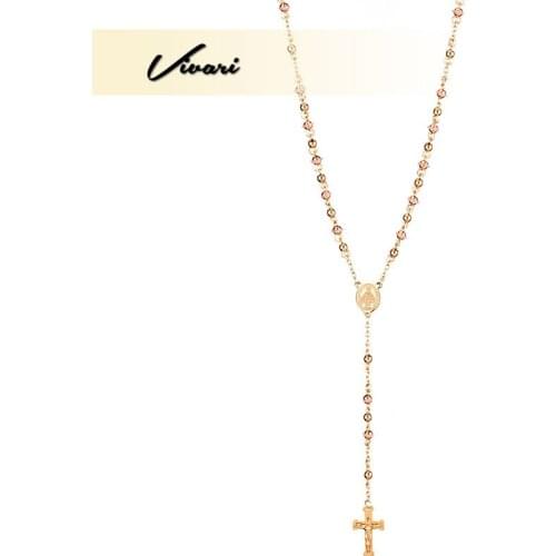 Vivari Beaded Rose Gold Stainless Steel Cross Pendant Necklace Fashion Jewelry