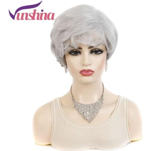Vunshina Silver Grey Synthetic Bob Wig With Bangs Short Pixie Gray Puffy Natural Wavy Fringe Wigs For Women Heat Resistant
