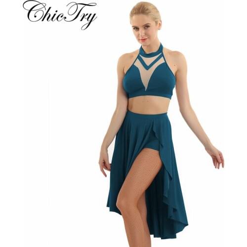Women Female Ballet Outfits Asymmetric Lyrical Dance Sets Halter Neck Sleeveless and Backless Crop Top with Mesh Tutu Skirt