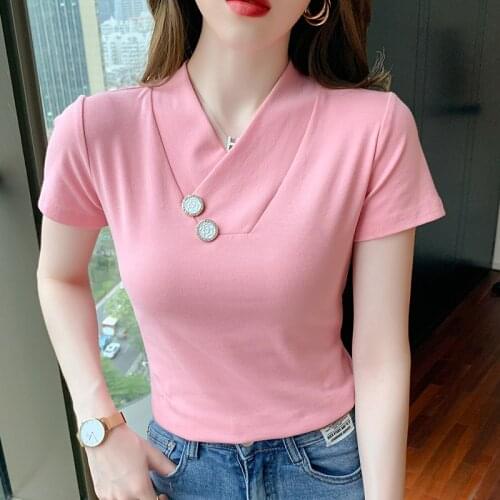 2021 Fashion New Crop Tops Women Casual Buttons Short Sleeve Cotton Pullover Tees Summer Slim Streetwear T-shirt Woman