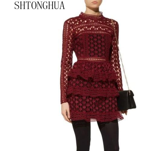 SHTONGHUA Self Portrait Spring Autumn Layers Ruffles Party Dress Runway Women Wine Red Lace Hollow Out Short Cake Dress