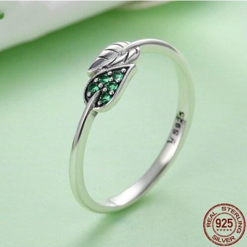 AMORUI Simple Style Green Crystal Women Rings 925 Sterling Color Leaves Elegantment Weedding Bands Open Rings Fine Jewelry
