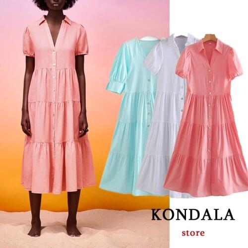 KONDALA Za 2021 Summer Chic Pink Vintage Shirt Dress Women Short Sleeve Ruffles Single Button Midi Dress Stylish Solid Vestidos