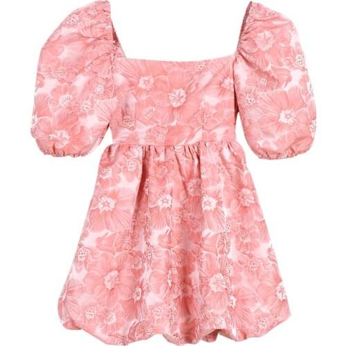 PERHAPS U Summer Women Elegant Sweet Pink White Jacquard Backless Puff Sleeve Square Collar Ball Gown Short Dress D3042