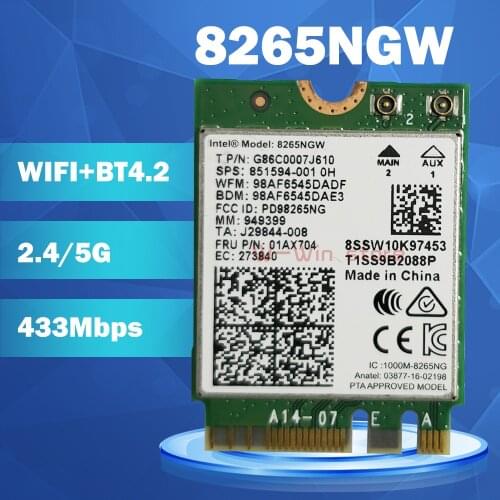 2.4G/5Ghz Wifi BT Wlan For Intel 8265NGW 8265.NGWMG.NV Wireless-AC 8265 NGFF 802.11ac 867Mbps 2x2 MU-MIMO WIFI BT 4.2 Card