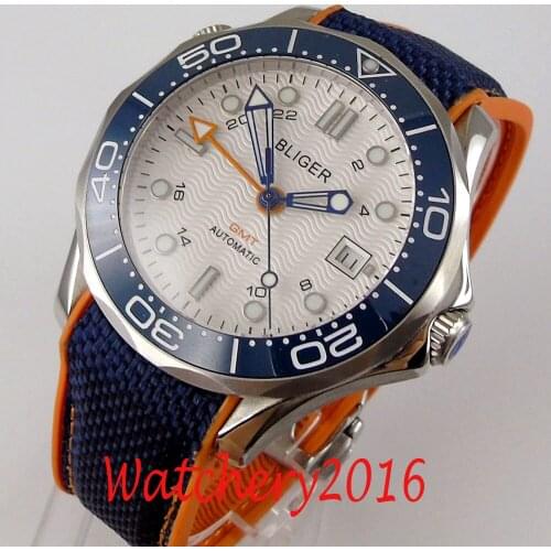 41mm Bliger White Dial Luminous see-through back Ceramic Bezel Sapphire Glass GMT Date Automatic Mens Watch