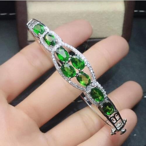 Natural green diopside gem bangle S925 silver natural gemstone bangle Fashion elegance Row Clover woman birthday gift jewelry