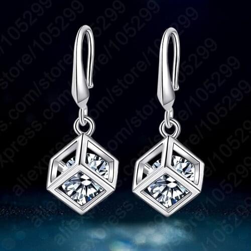 Factory Price Simple 925 Sterling Silver Inside White Cubic Zirconia Square Hook Earring Women Fashion Gift Accessories