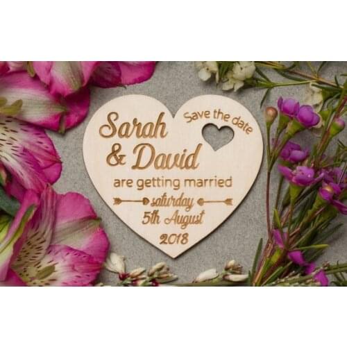 Wooden Save the Dates - Personalised Fridge Heart Boho Plywood,Rustic Invitaion, Wedding Magnet