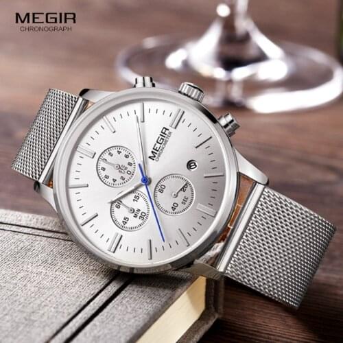 MEGIR Top Brand Luxury Origina Watch Mens Watches Stylish Watch Men Stainless Steel Mesh Strap Chronograph Military Quartz Watch