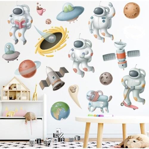 Cartoon Astronaut Wall Stickers for Kids room Nursery Baby room Eco-friendly Vinyl UFO Wall Decals DIY Art Removable Wall Murals