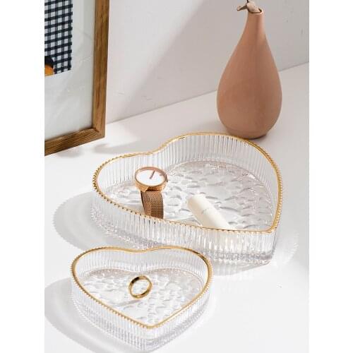 Gold Inlay Heart-shaped Desktop Organizer Glass Jewelry Storage Plate Sundry TrayTrinket Holder Rangement Salle De Bain Nordic