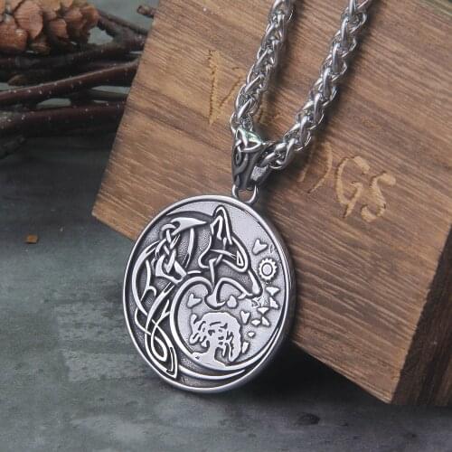 Never Fade Nordic Viking Stainlesss Steel Yggdrasil Wolf Rune Necklace With Valknut Gift wooden box