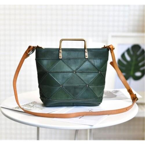 New original design geometric stitching vegetable tanned leather handbag leather handbags retro fashion shoulder messenger bag