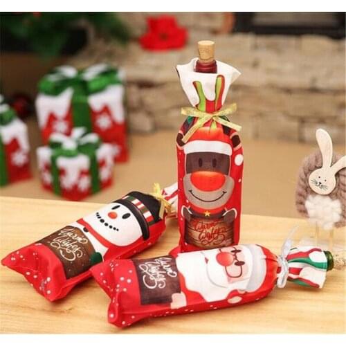 New 100pcs Table Decor Dinner Party Red Wine Christmas Santa Tree Bottle Cover Bag Sets Bottle Decor for New Year Xmas Dinner Pa