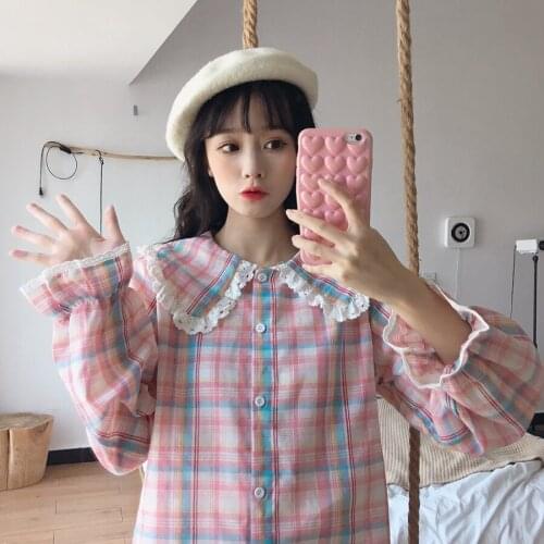 Japanese 2021 Spring New Sweet Lace Peter Pan Collar Vintage Plaid Cute Petal Full Sleeve Harajuku Shirt Women Blouse Shirt