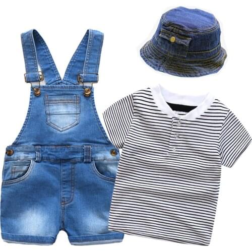 Toddler Clothes Boys Denim Hat + Striped Top + Short Jeans 3 PCS Summer Children Outfits Fashion Boy Clothes 1 2 3 4 Y KB8052